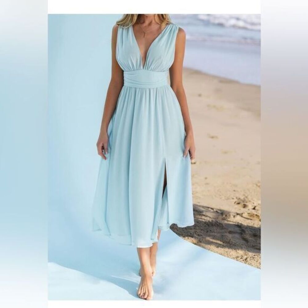 CUPSHE X Madison Women Flowy Ruched Something Blue Chiffon Maxi Dress RefCPS035